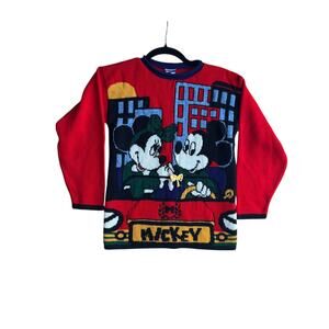 90s Mickey's Kids Sweater Embroidered Mickey & Minnie City Skyline Sz M 10/12